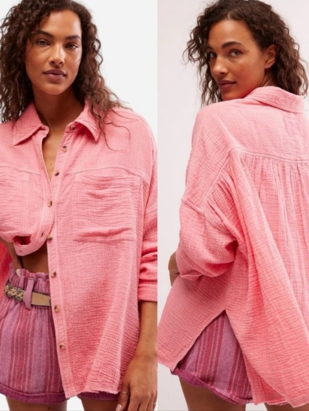 We The Free Coral-Pink Textured Button-Down Shirt